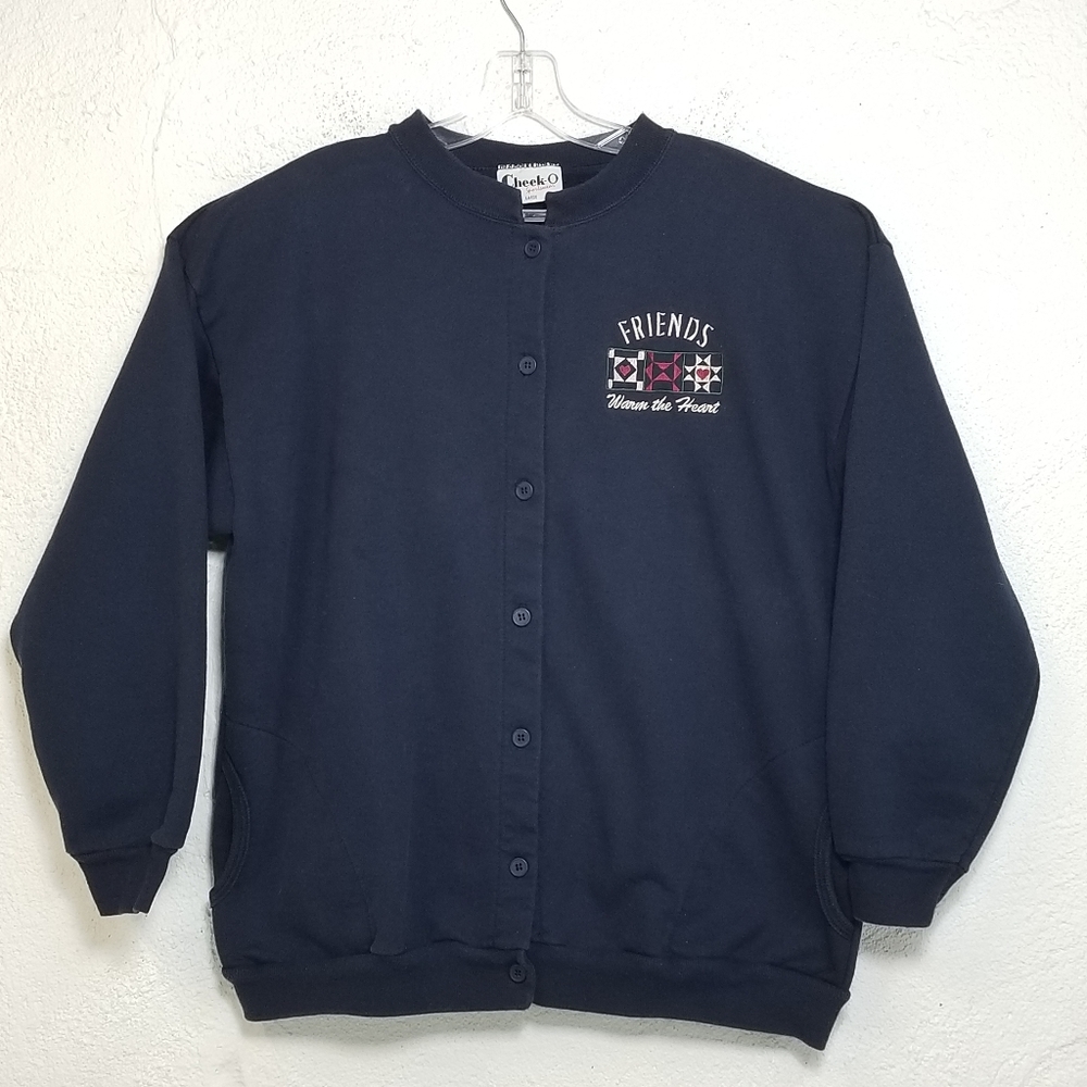 Cheek-O Sportswear Cardigan Button Up Blue Sweater Friends Vntg USA Made Sz Lg